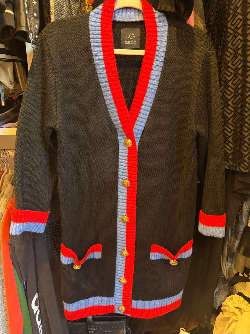Black Cardigan Sweater with Red and Light Blue Trim